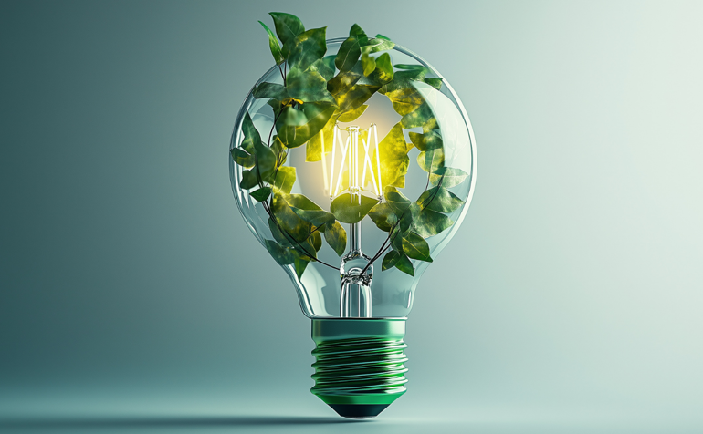 Graphic showing a lightbulb covered in leaves 