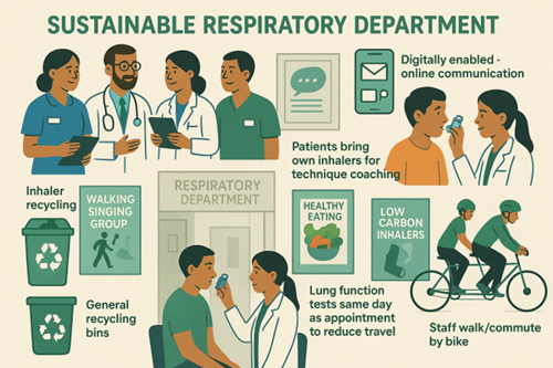 Image shows the different elements that make a sustainable respiratory department that are listed below the image