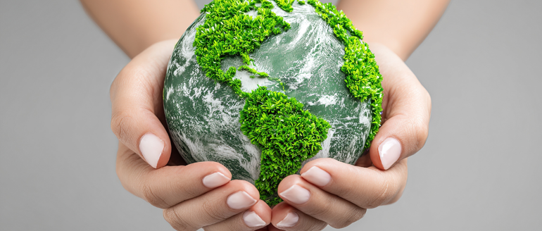 Green world held in someone's hands