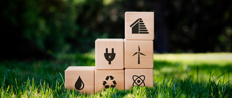 Building blocks with sustainability symbols