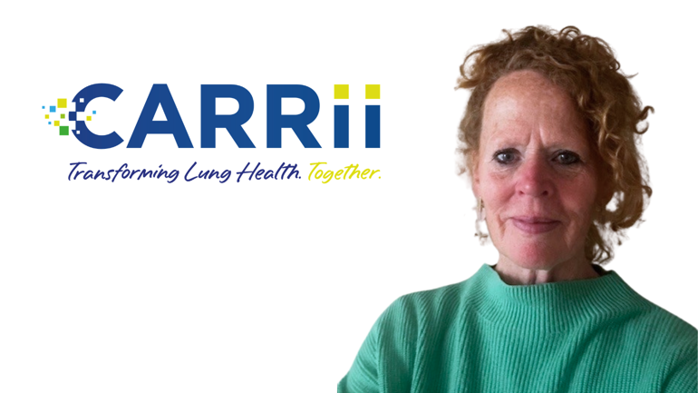 Photo of Monica Fletcher OBE in front of the CARRii logo with the strapline "Transforming Lung Health Together"